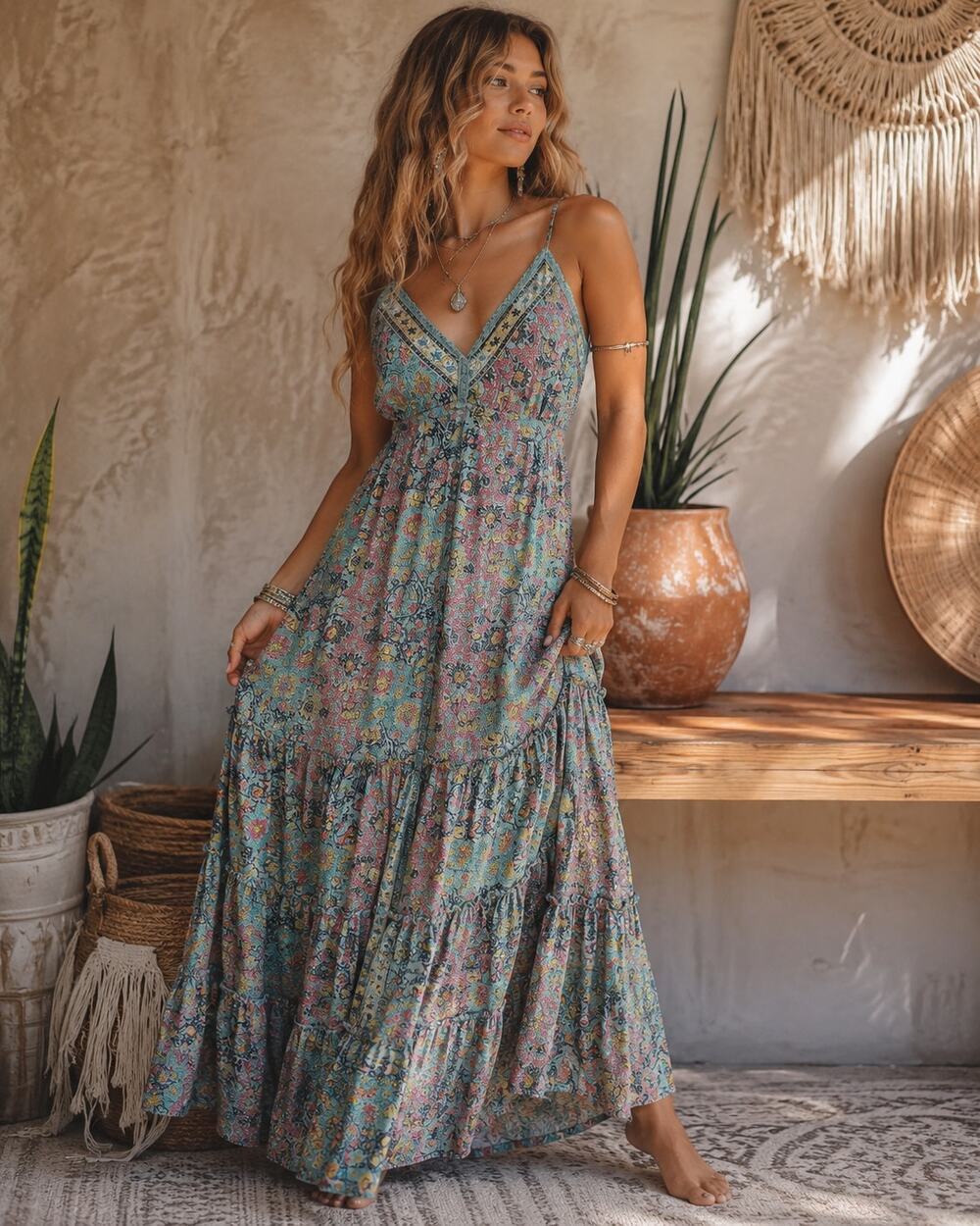 fab’rik Maxi Dress Large Mint Paisley Boho Tassel Tie Cottage Festival Whimsical